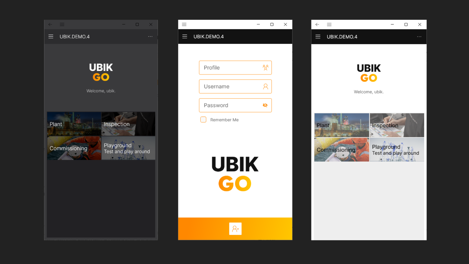 Picture on the left and middle showing the login screen of the new UBIK GO app. On the right side there is the home screen with the menu.