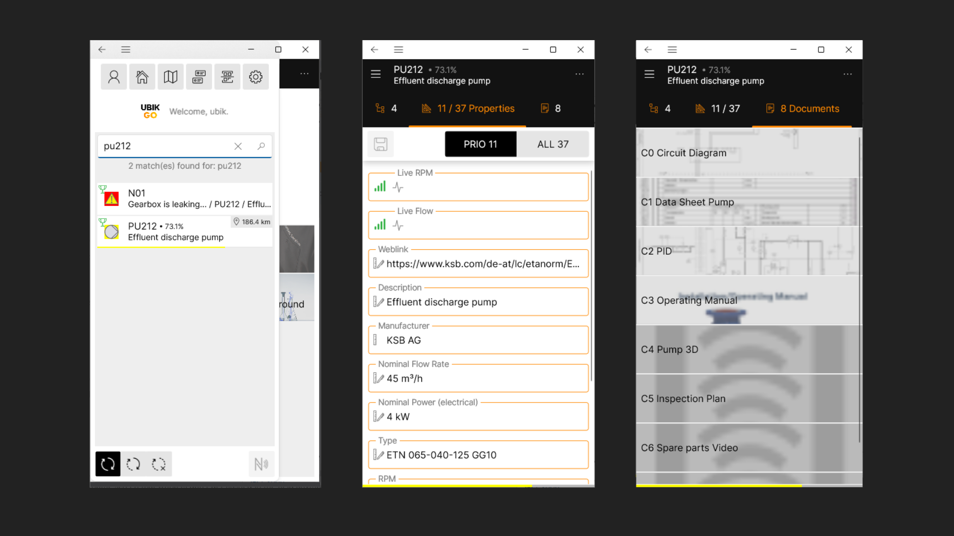 Three different screenshots: on the left showing UBIK GO children, middle: properties, right: UBIK GO documents