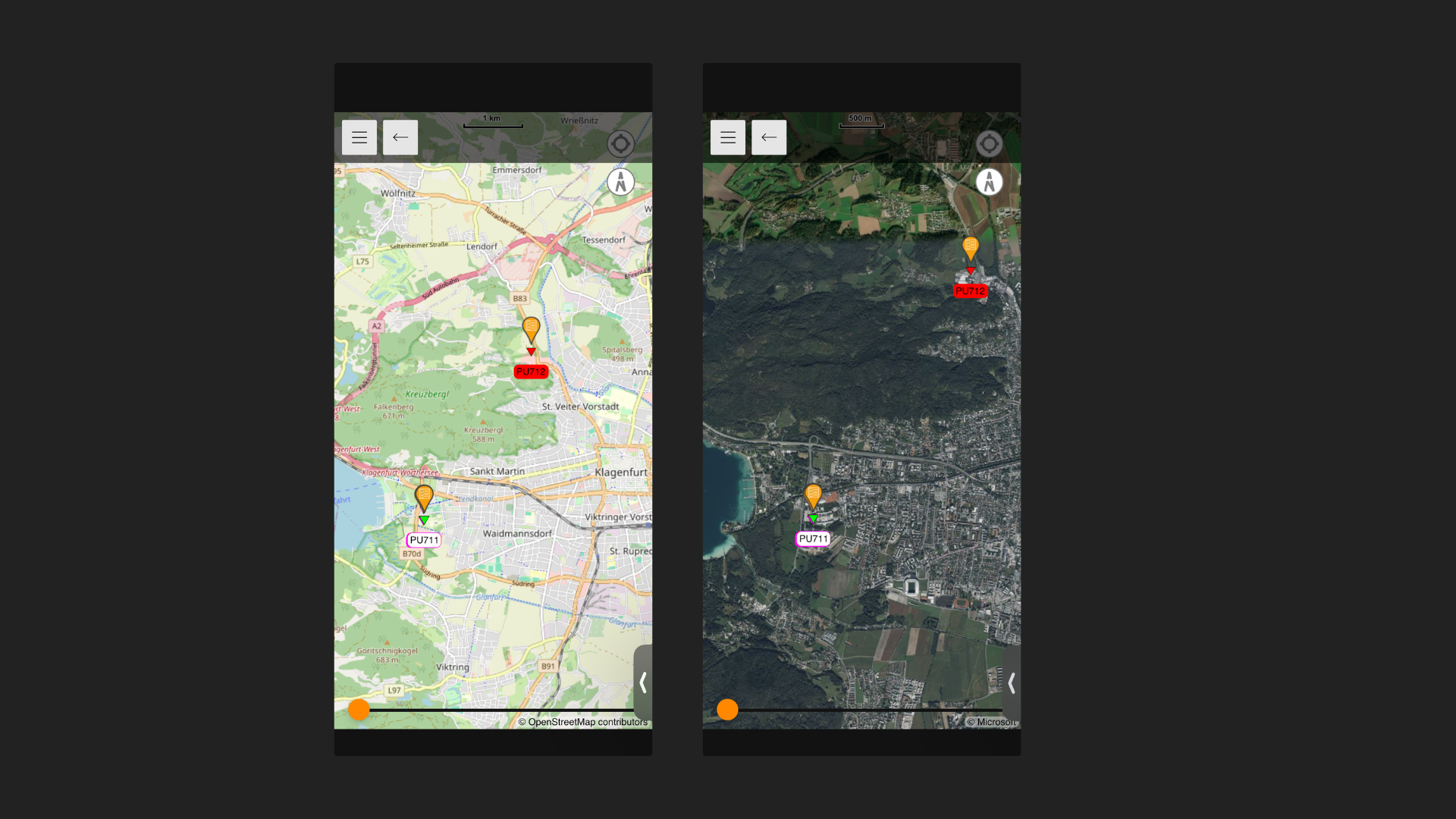 Showing two screenshots of ubik go map view. Left: orientation map with POIs, right: satellite map with POIs